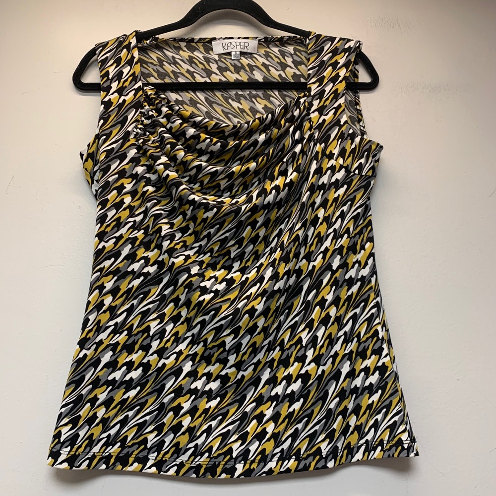 Kasper Sleeveless Top Womens S Yellow Black White Excellent Cowl Neck Geometric